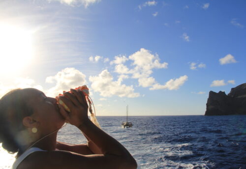 Native Hawaiian sounds a conch in the presence of Nihoa and Hōkūleʻa.